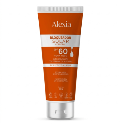Bloqueador Solar Corporal Alexia SPF 60 - Con Vitamina E y Aloe Vera (120g)
